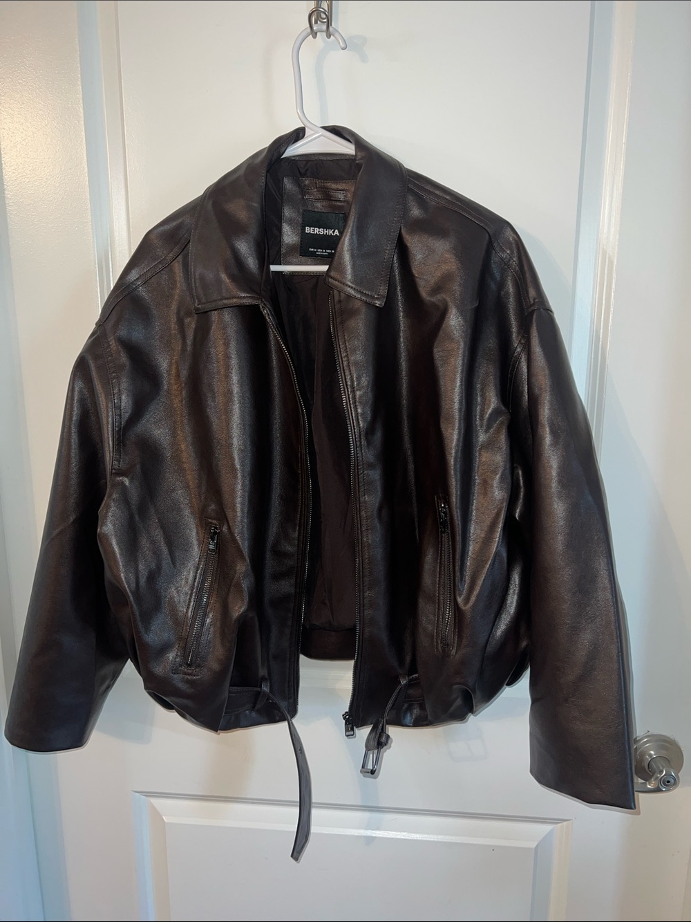 Bershka Dark Brown Leather Bomber Jacket